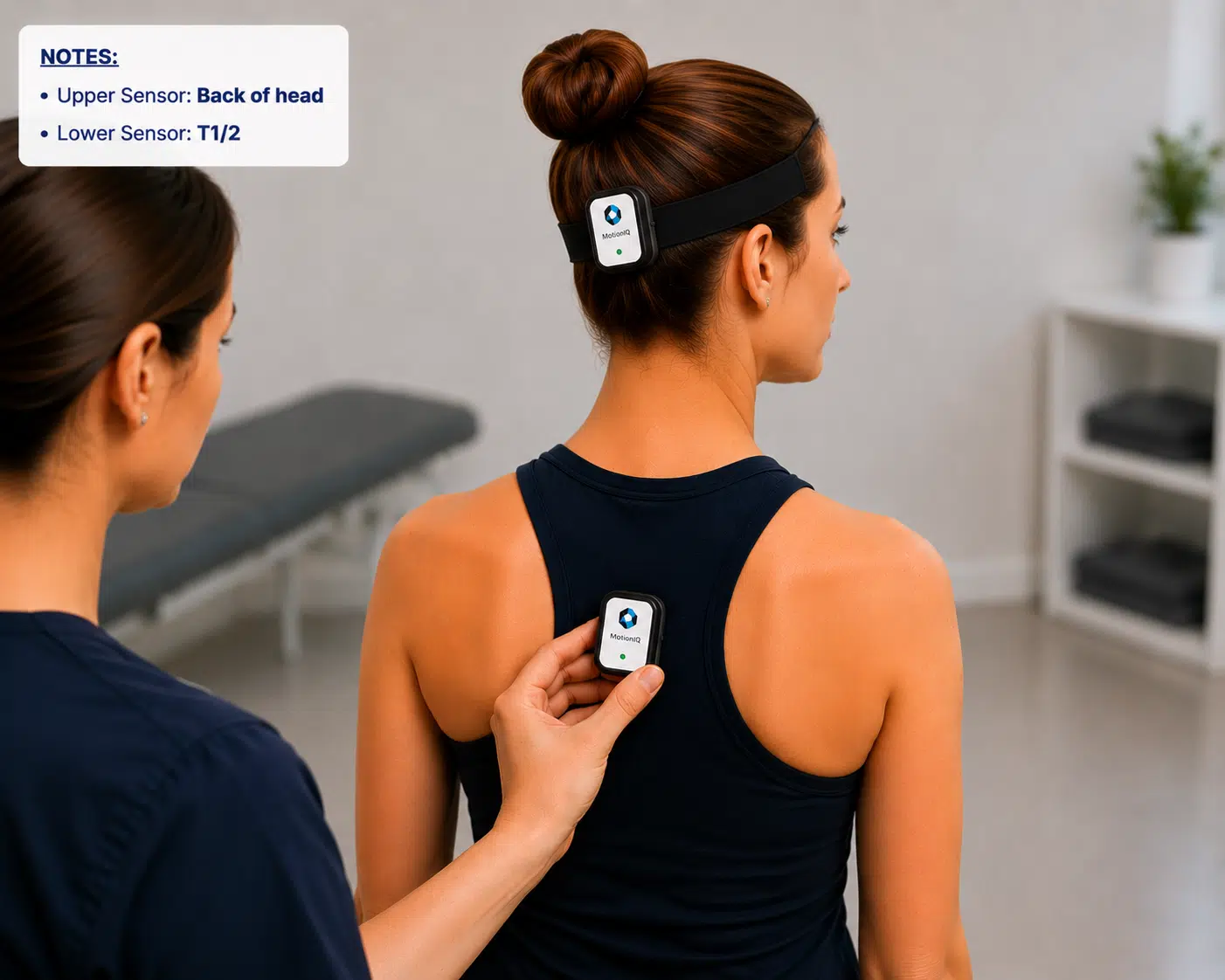 Patient performing a neck rotation movement with MotionIQ wireless sensors attached at Absolute Health