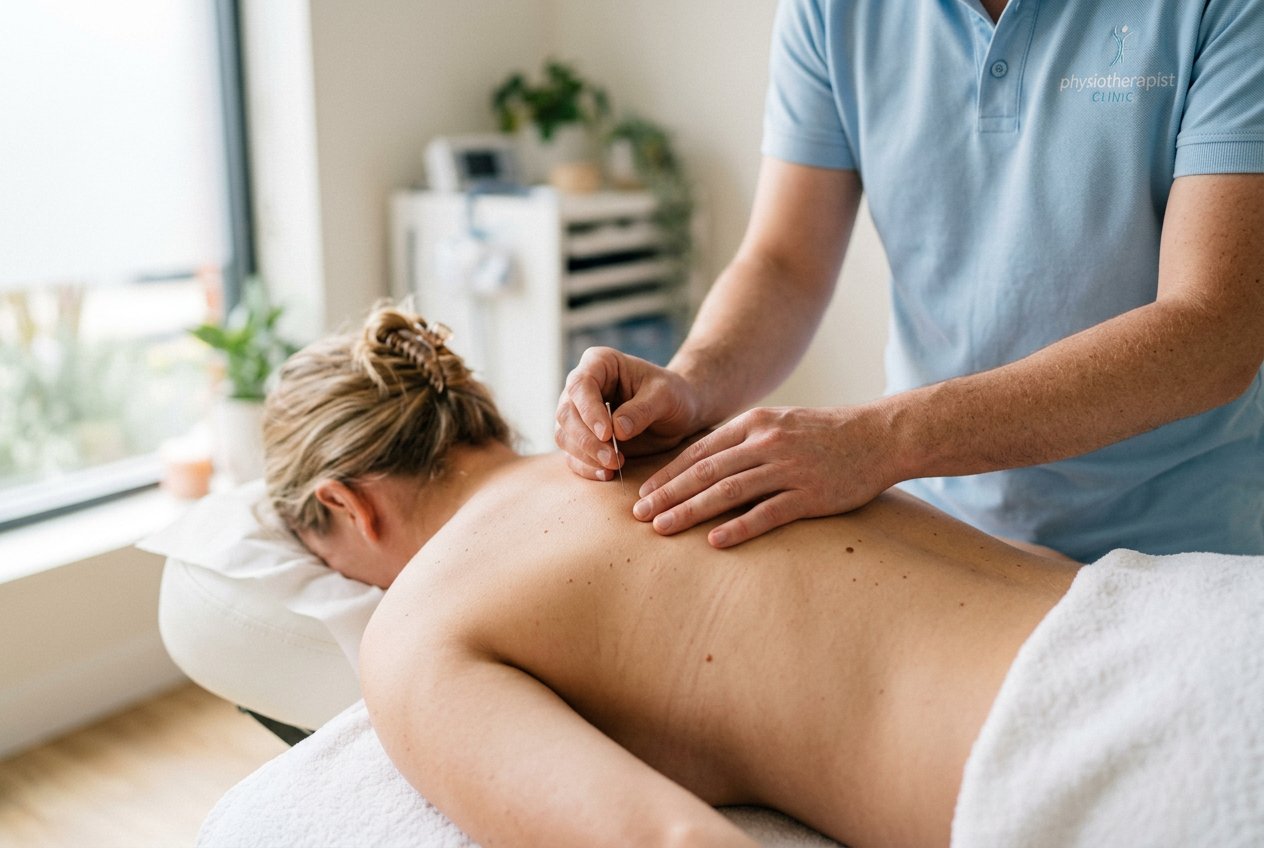 Physiotherapist treating patient's neck, demonstrating dry needling technique at Absolute Health.