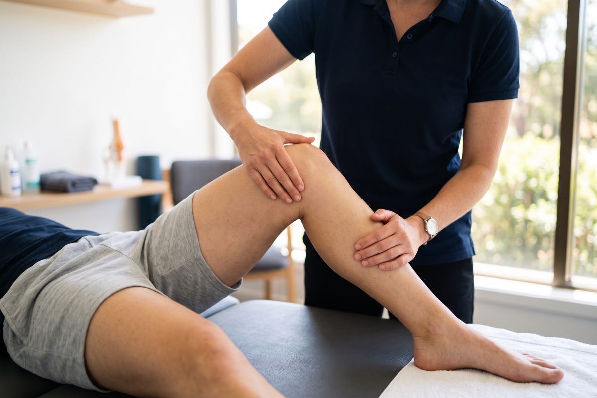 Physiotherapist performing a hands-on knee assessment at Absolute Health