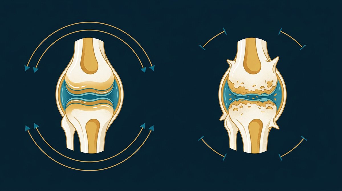 Illustration comparing a healthy joint with thick cartilage and full range of motion against a degenerated joint with thinned cartilage, bone spurs and restricted motion.