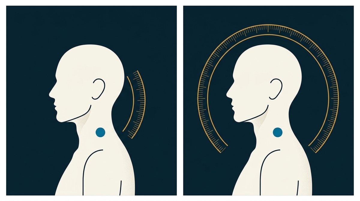 Illustration showing restricted neck rotation at the first assessment compared with restored, fuller rotation when the movement is re-measured.