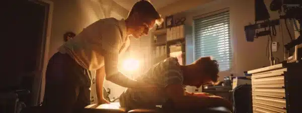 a chiropractor using precise adjustments to treat a professional athlete's back injury.