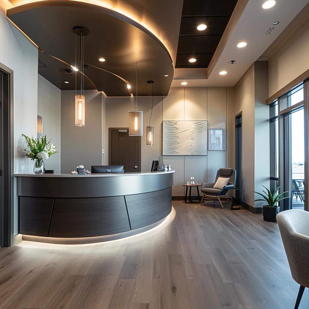 a modern, inviting chiropractic clinic interior with sleek furnishings, warm lighting, and a welcoming reception area that embodies holistic family care.